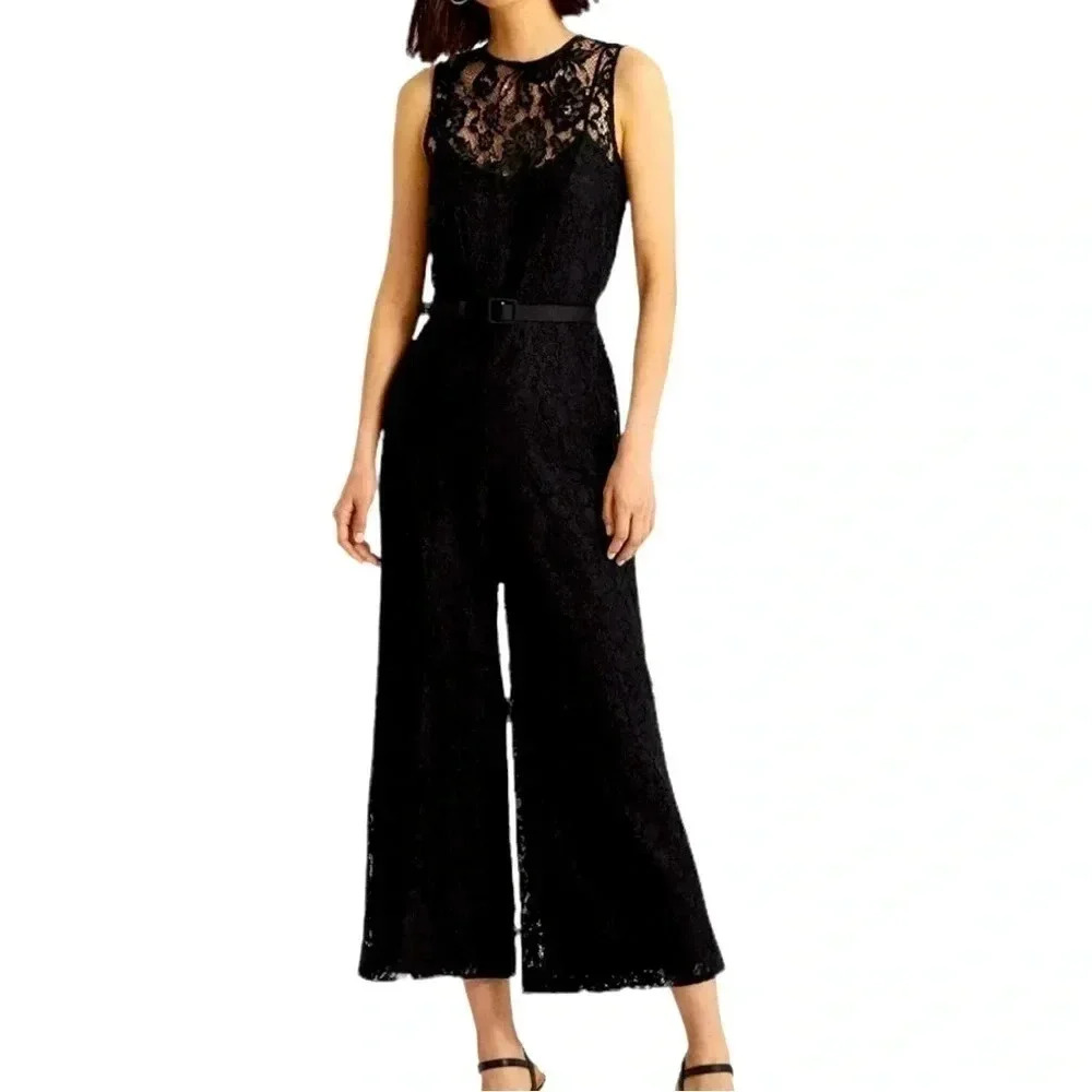 NWT Lauren Ralph Lauren Lace Sleeveless Jumpsuit Black Womens Size 16‎